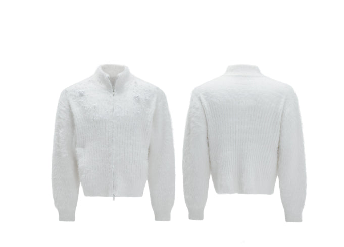 Turtleneck Plush Pearl Embellished Sweater Cardigan