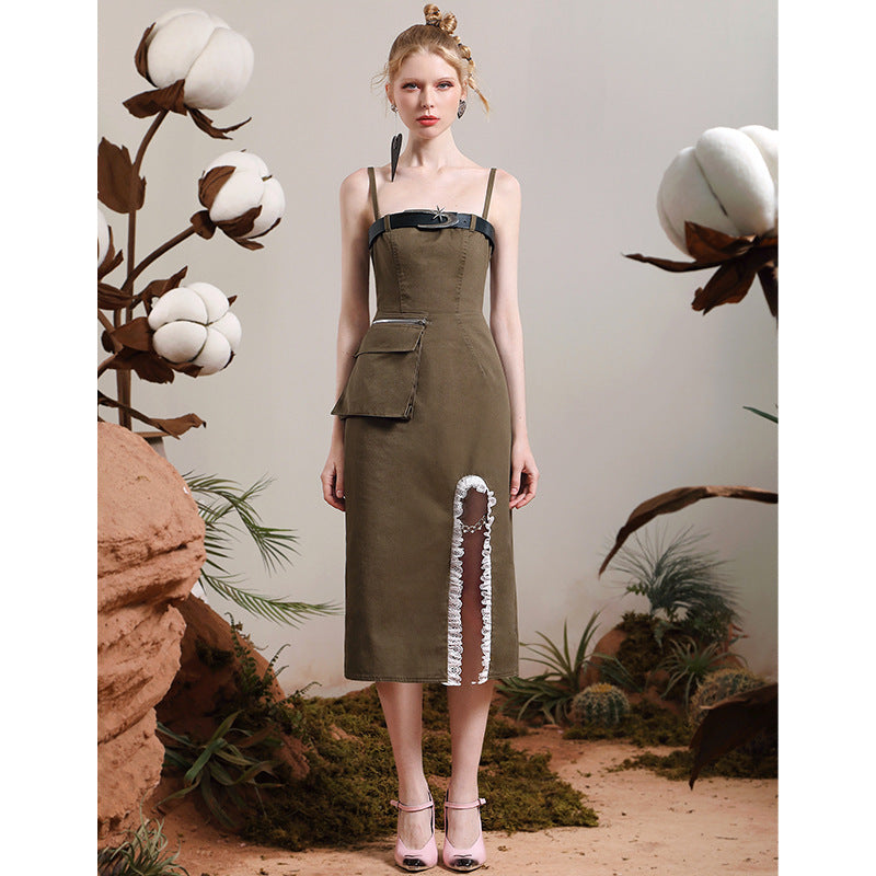 Jupe à bretelles en jean rétro