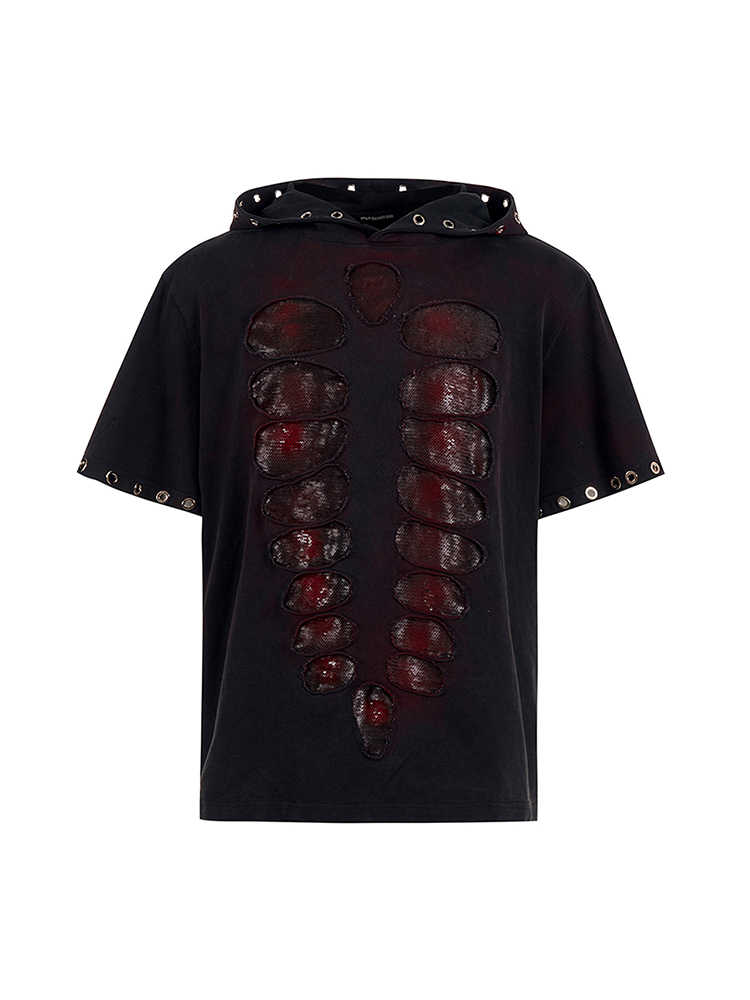 Hooded Short-sleeved Men's Cut Sequins Loose-fitting T-shirt