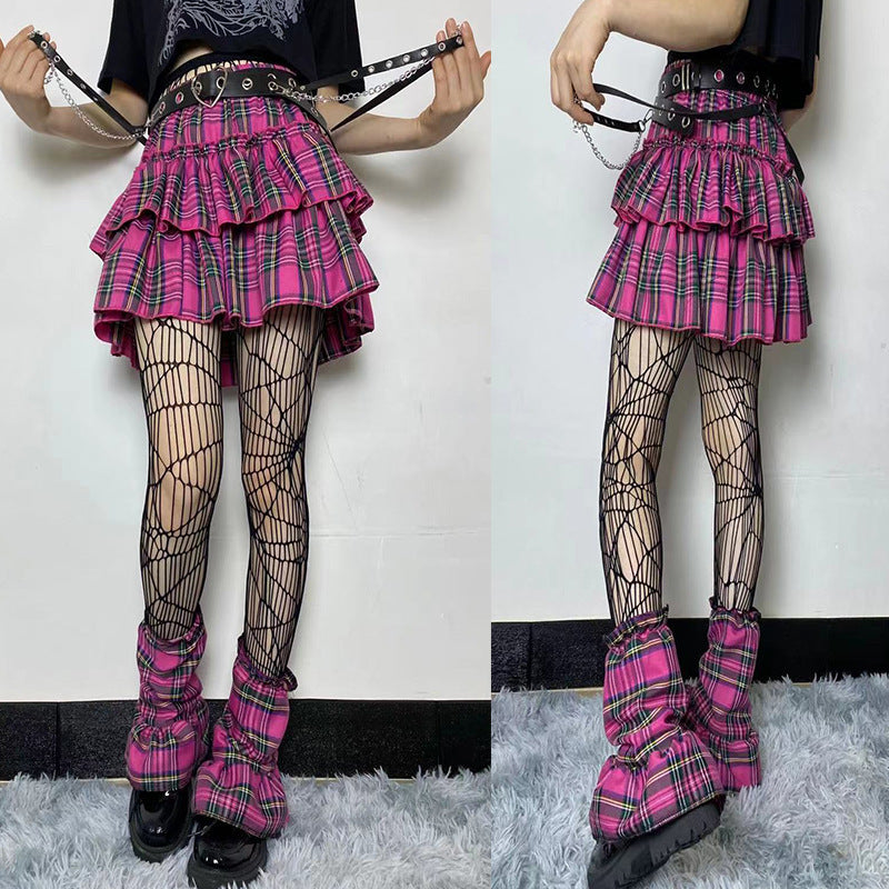 High Waist Fungus Plaid A- Line Half-length Slim-fit Pleated Miniskirt
