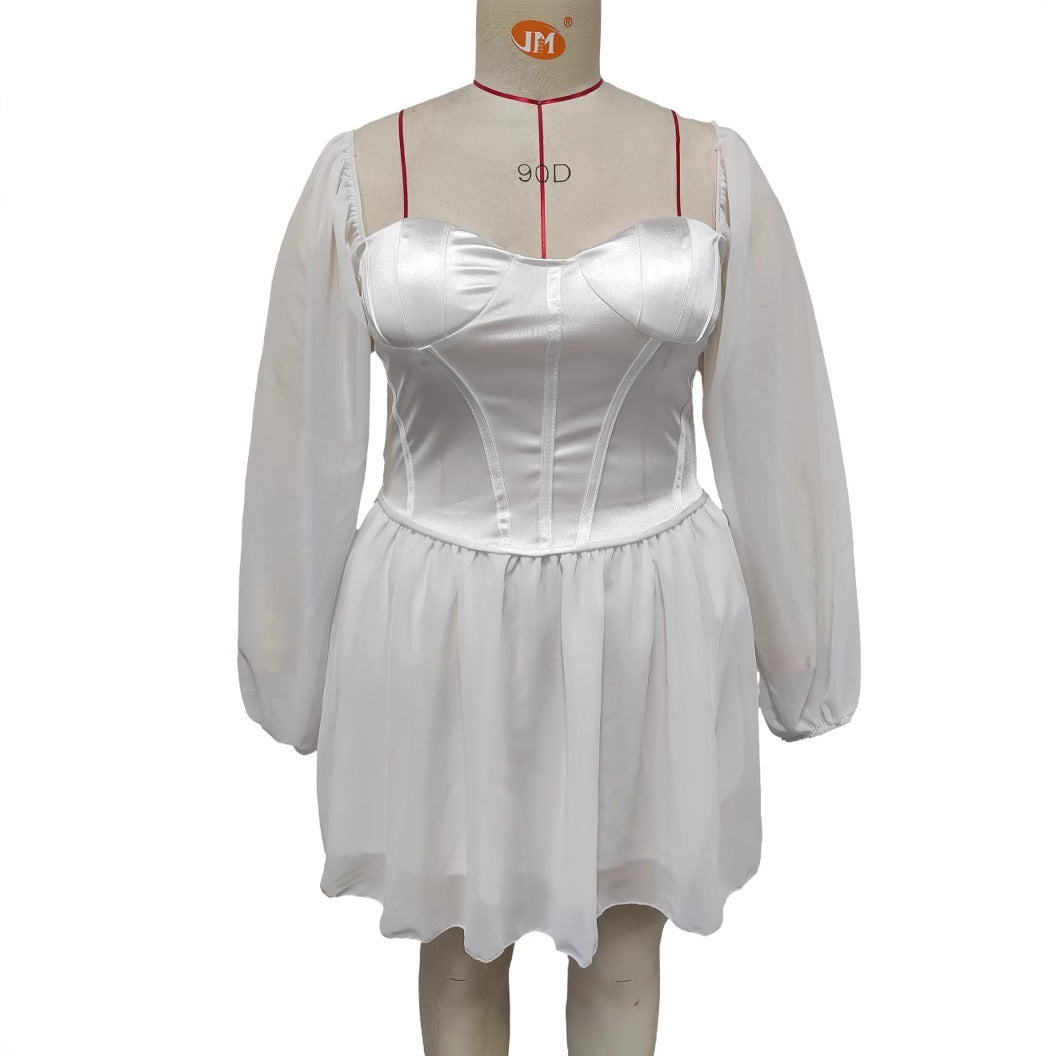 Robe style tube, col carré, coutures en maille, satin, taille haute, jupe trapèze