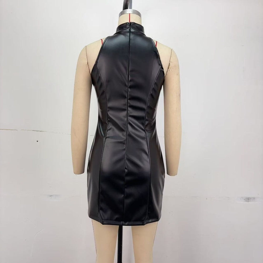 Stand Collar PU Leather Slim Sleeveless Mini Dress