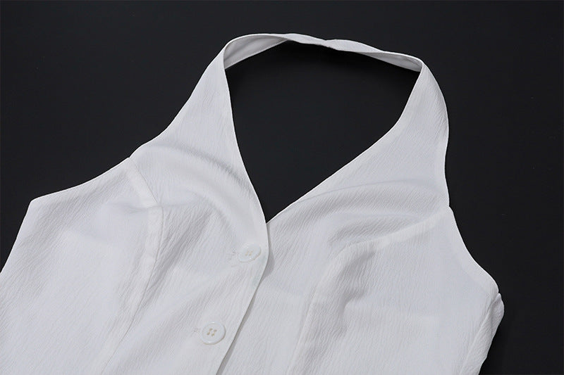 Fashion Two-piece Suit V-neck Halter Strap Top Low Waist Slit Skirt