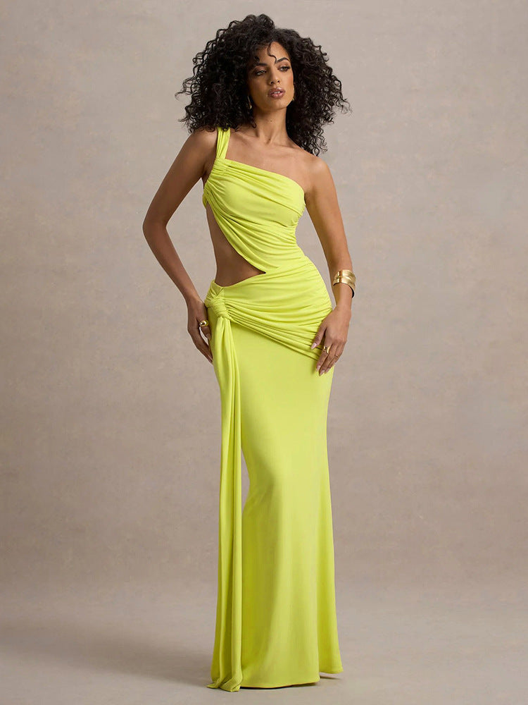 Robe plissée à bandes latérales irrégulières de couleur unie