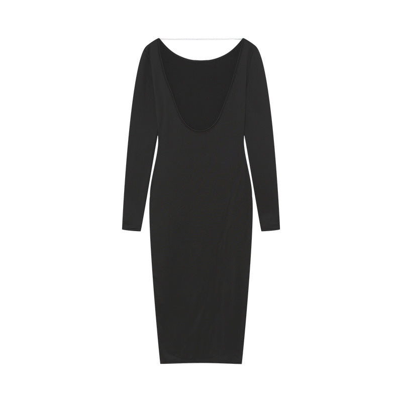 Backless Round Neck Long Sleeve Pure Color Tight Sheath Dress