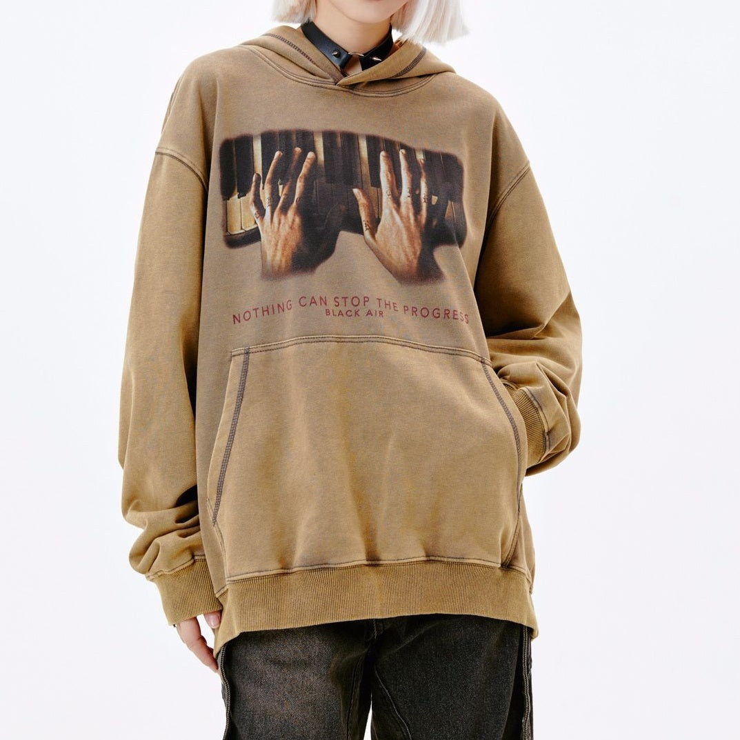 New American Street Piano Hand Print Washed And Worn Hooded Sweater Men