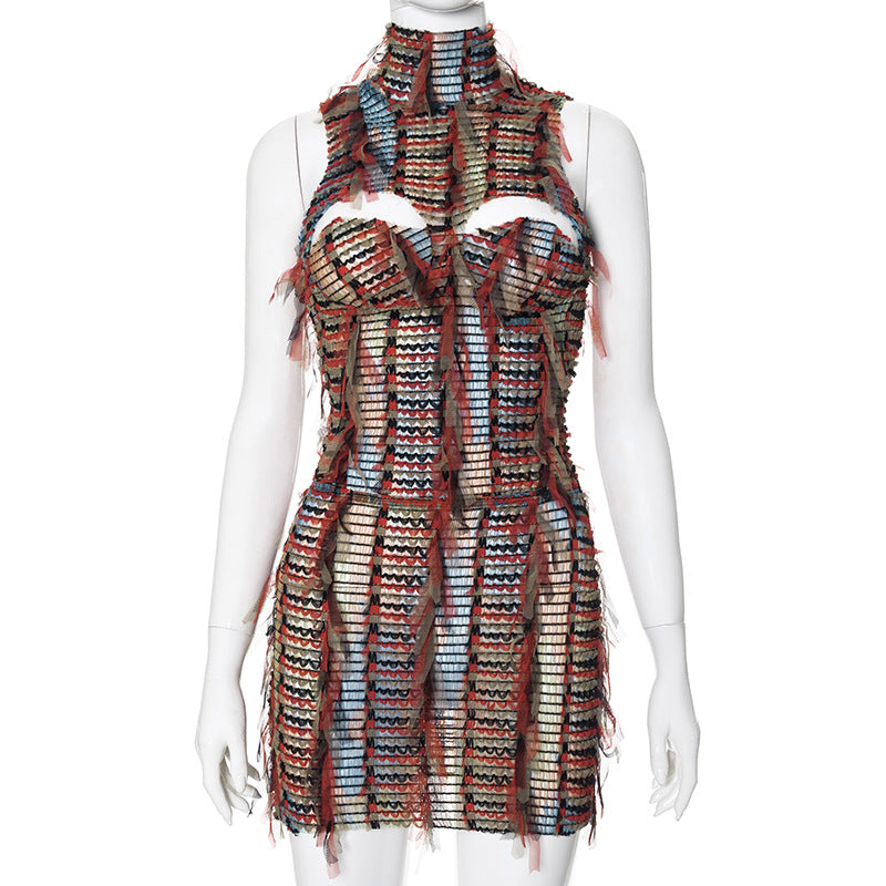 Color-block Crew Neck Sleeveless Backless Hollow Out Suit