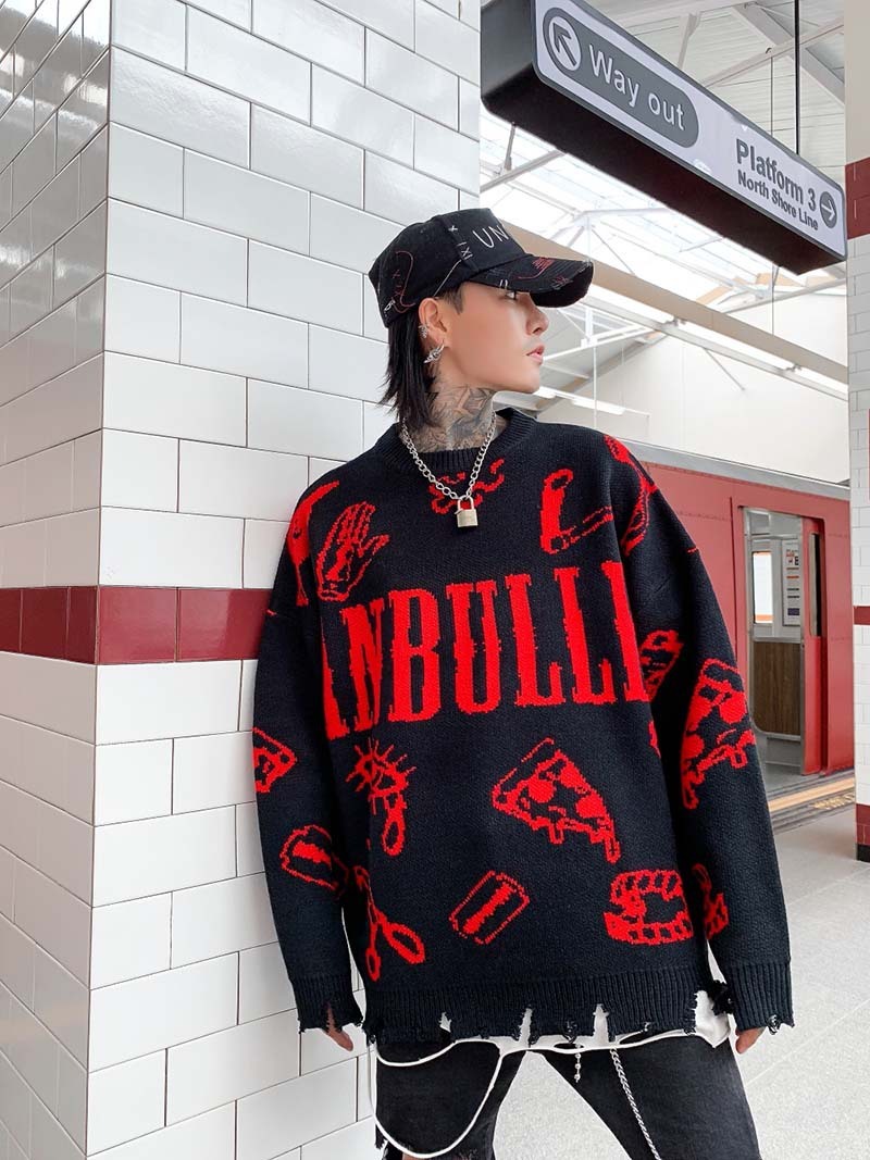 Hip Hop Letters Graffiti Jacquard Sweater Men's Tide