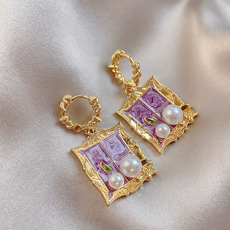 Garden Purple Oil Painting Style Baroque Pearl Earrings Retro