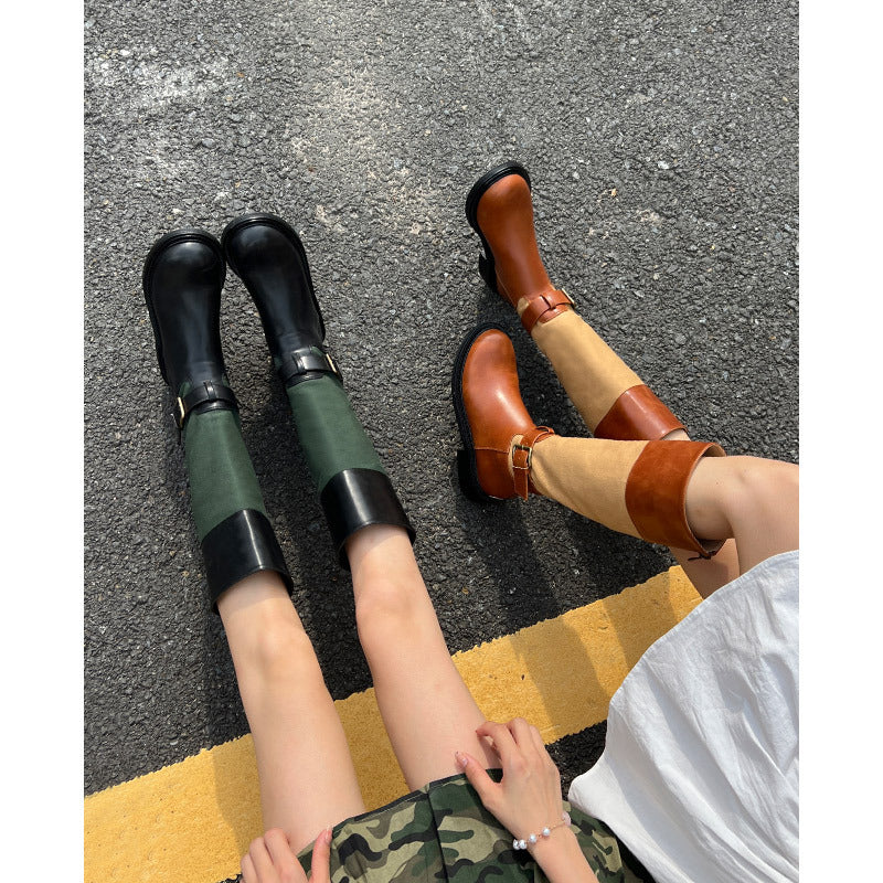 Bottes de chevalier rétro à blocs de couleurs, montantes et assorties, avec fermeture éclair à l'arrière et talon moyen pour femmes