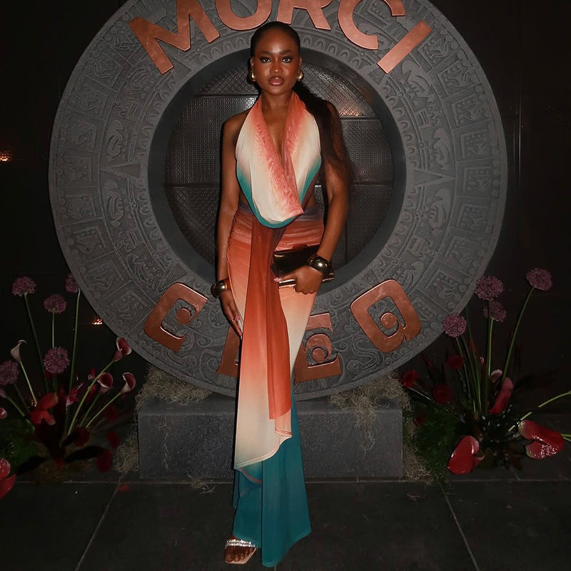 Ensemble deux pièces jupe licou à imprimé floral en maille assortie