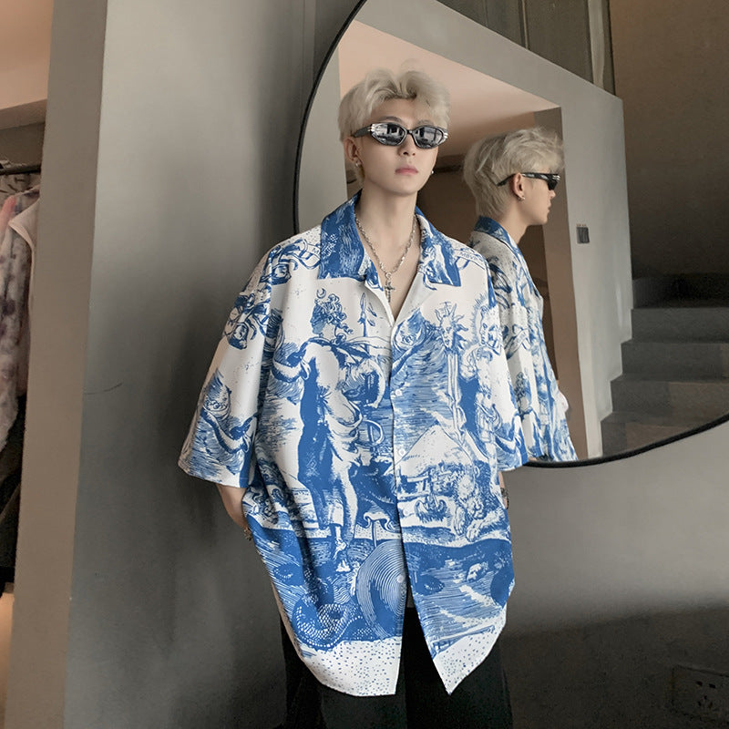 Chemise en soie glacée imprimée en relief style vacances Cuba avec nœud papillon américain