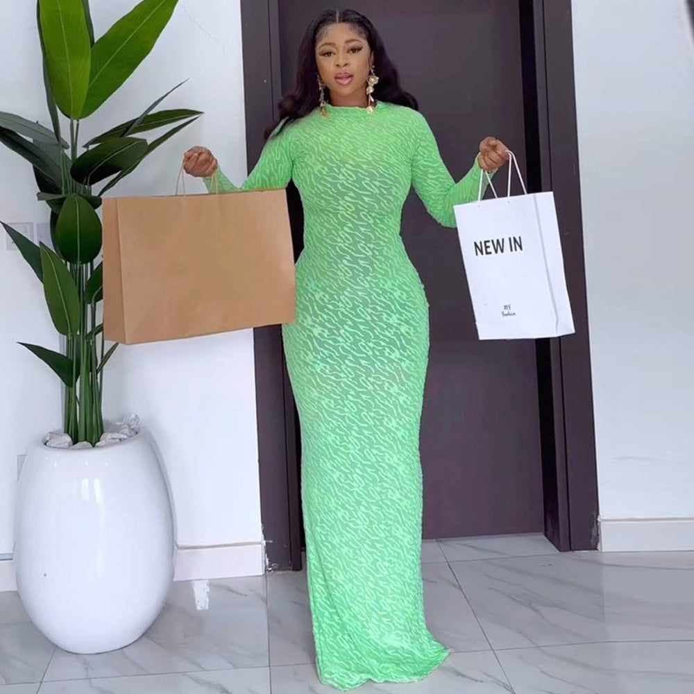 Round Neck Long Sleeve Flocking Slim Fit European And American Style Dress Women