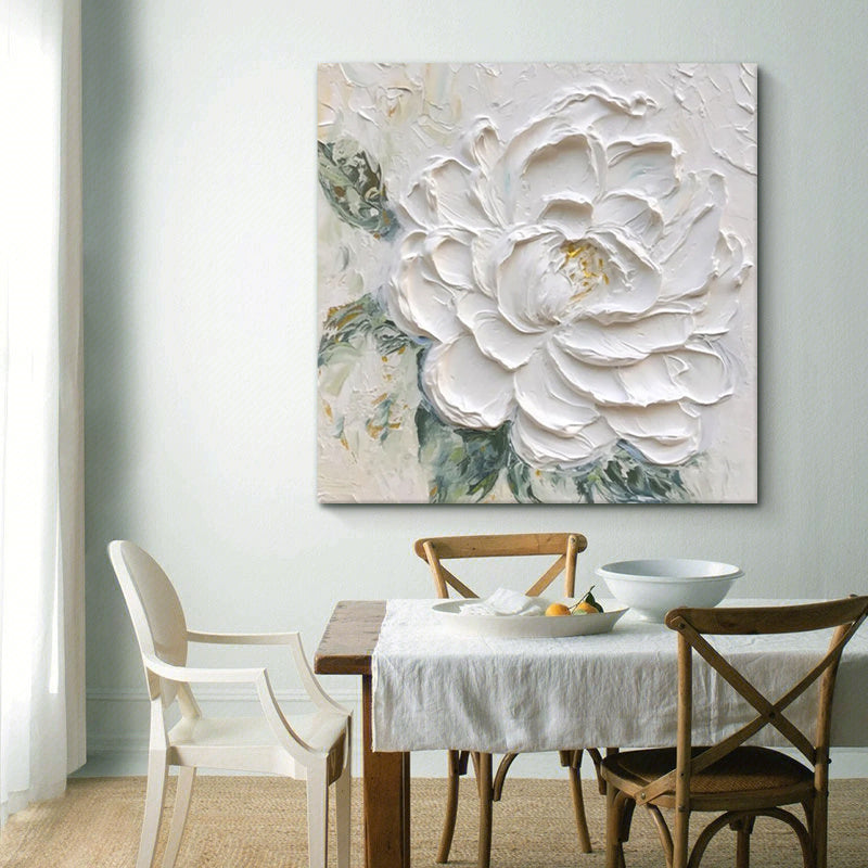 Cream Wind White Peony Flower Thick Texture Hand Drawn Oil Painting Hanging Painting