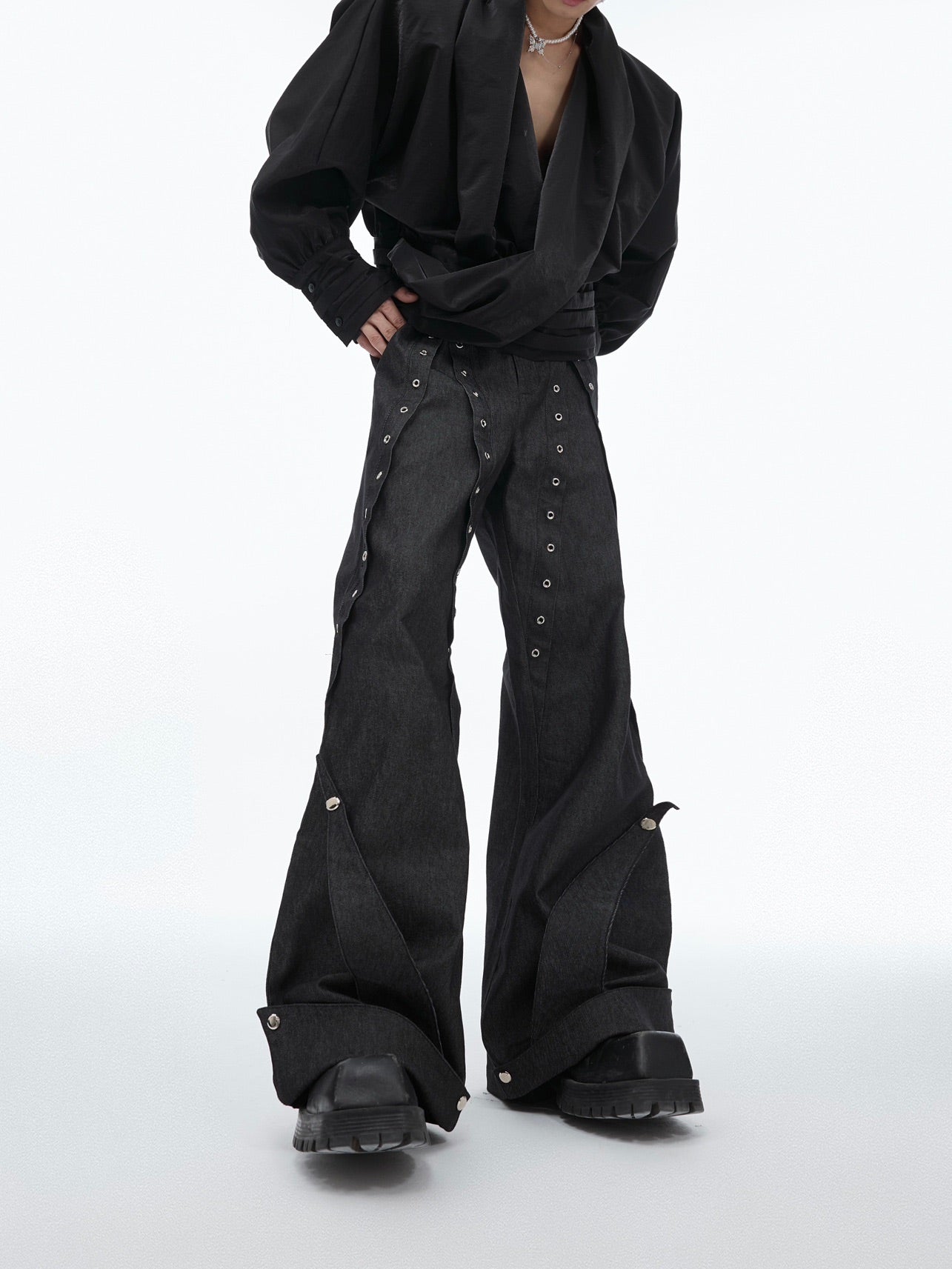 Salopette ornée de métal, pantalon ample à jambes larges en relief