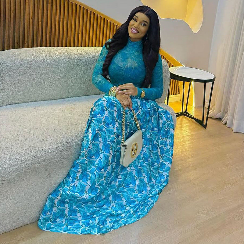 Micro-transparent A-line High-neck Elastic Slim-fit Long-sleeve Dress