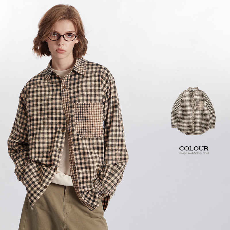 Plaid Pocket Design Contrast Color Shirt Women's Fashionable