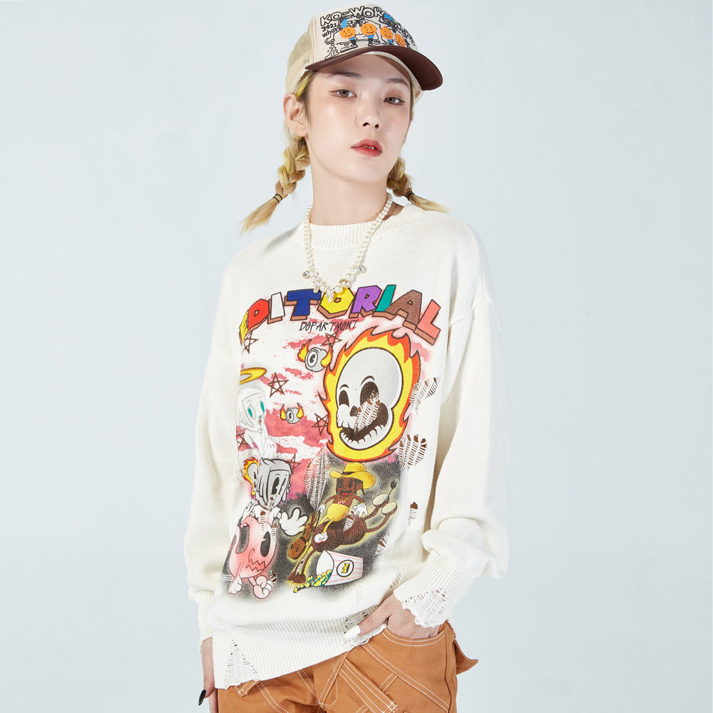 Cartoon Graffiti Printed Sweater Men's Loose Round Neck Sweater