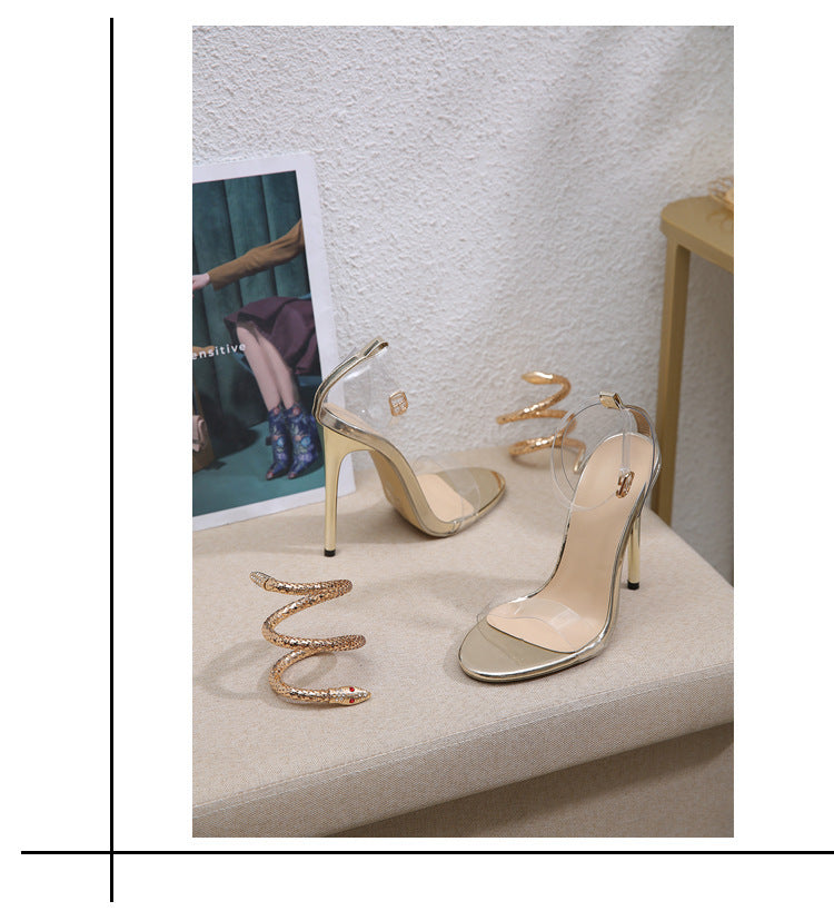 Rhinestone High-heeled Sandals Snakelike Winding Round Toe Transparent Large Size High Heels