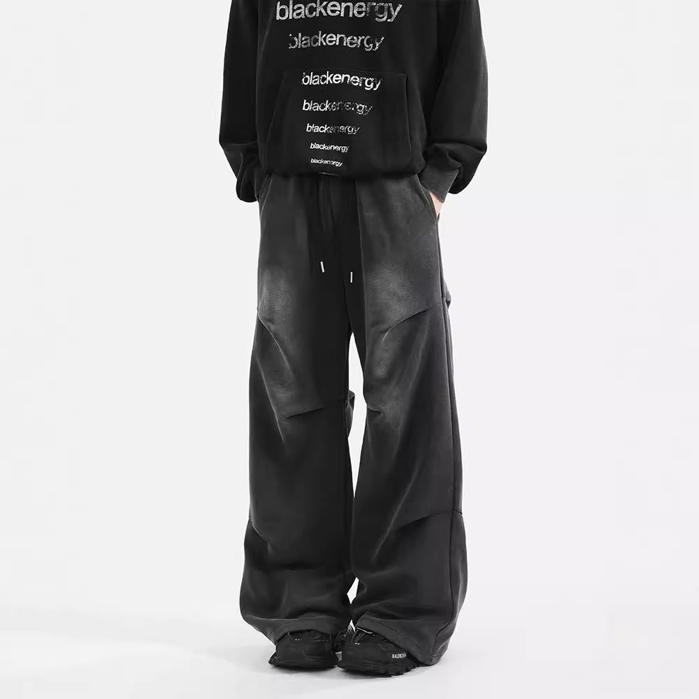 Pantalon de survêtement délavé américain pour hommes, design plissé, pantalon droit ample