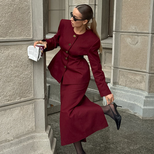 Round-neck Long-sleeved Jacket With Slit Skirt Women's Fashion Casual Two-piece Set