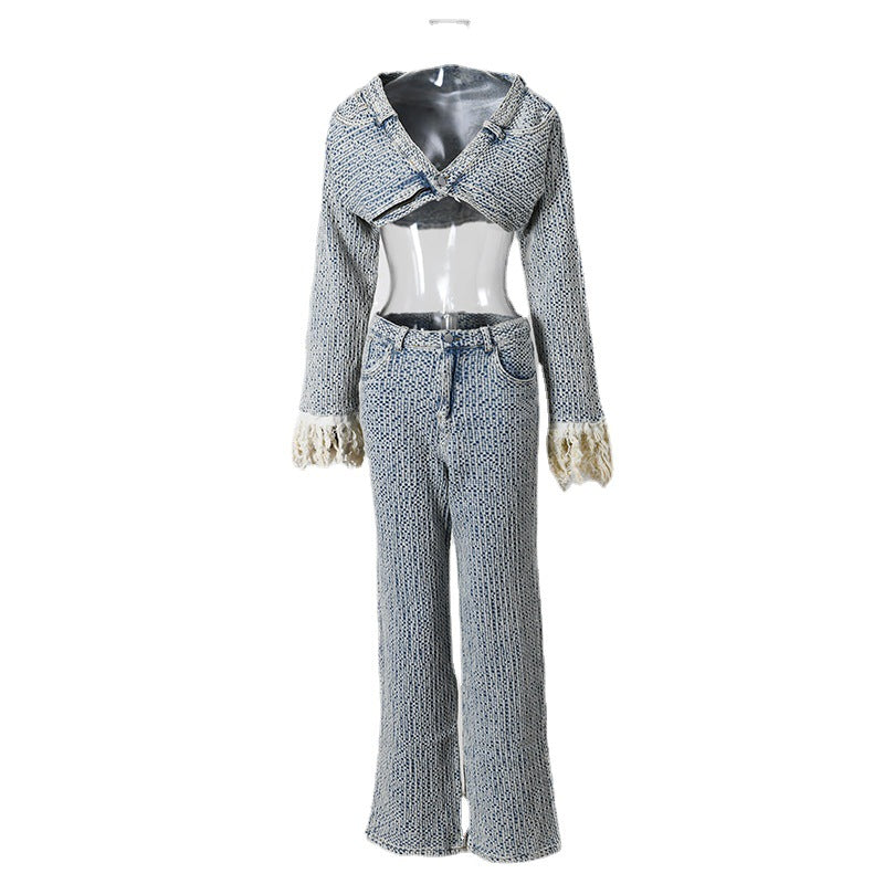 European And American Ladies Tassel Long Sleeve Denim Suit