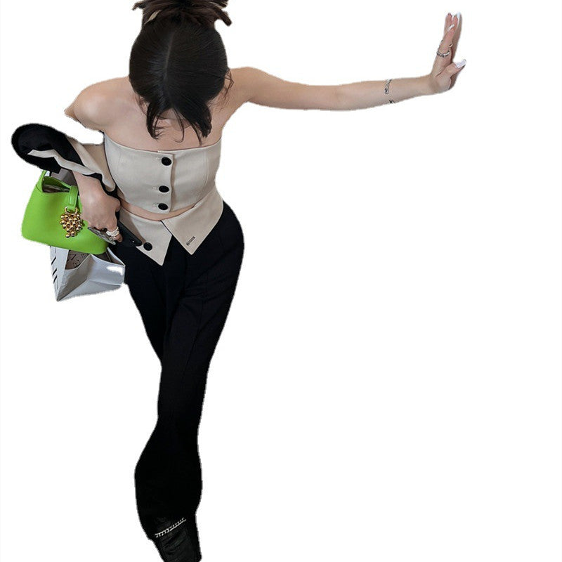 Women's Fashion Tube Top Contrast Color Long Sleeve Suit Wide Leg Pants Set