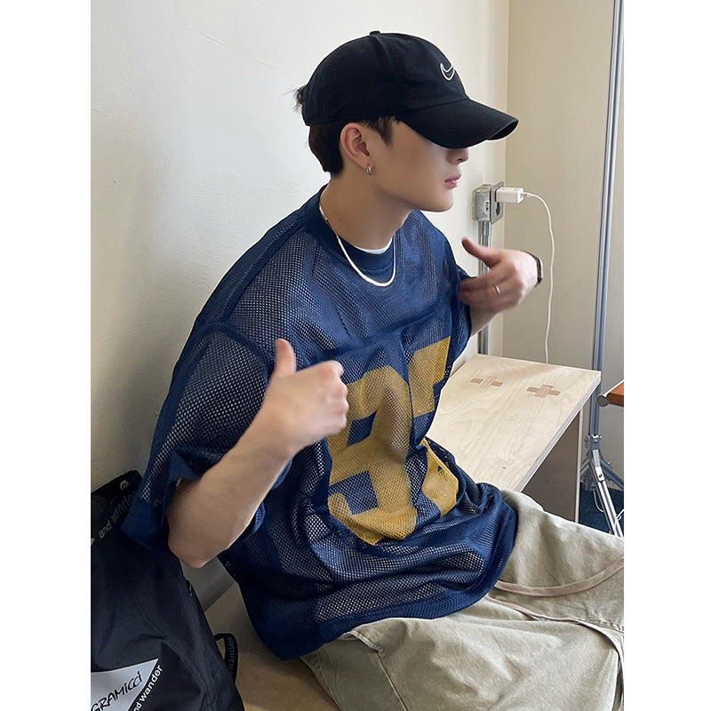 Retro Loose Profile Breathable Mesh Printed Short Sleeve T-shirt