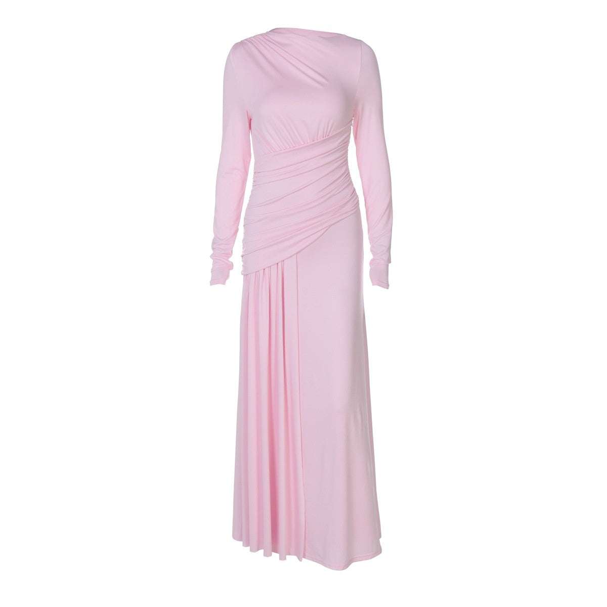Elegant Slim Pleated Zipper Round-neck Long-sleeved Dress