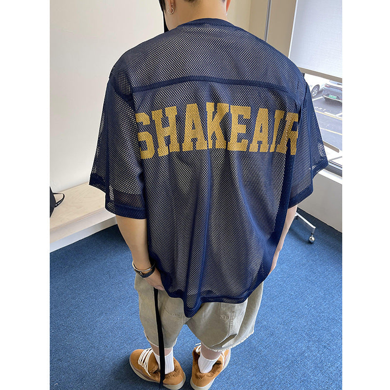 Retro Loose Profile Breathable Mesh Printed Short Sleeve T-shirt