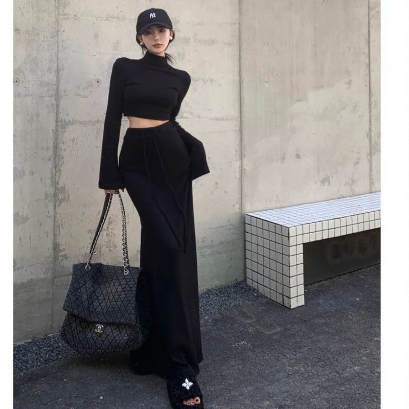 Spring And Autumn New Half Turtleneck Short Top High Waist Sheath Skirt Two-piece Set