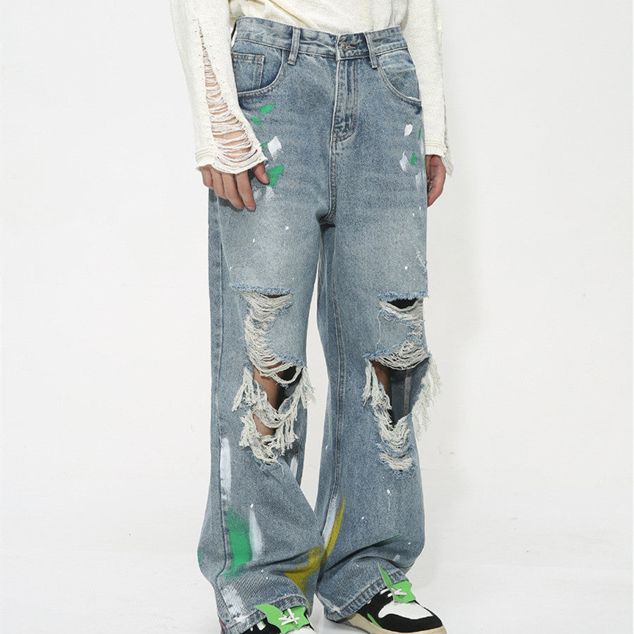 Men's Summer Loose Hole Graffiti Denim Trousers