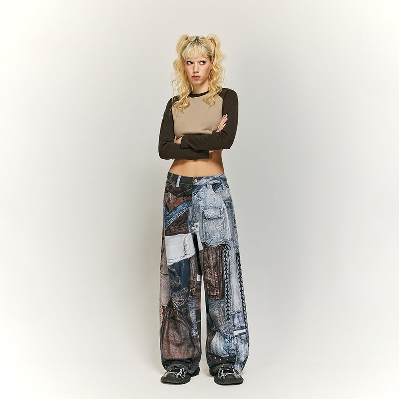 Vintage Patchwork Digital Printing Jeans American Street