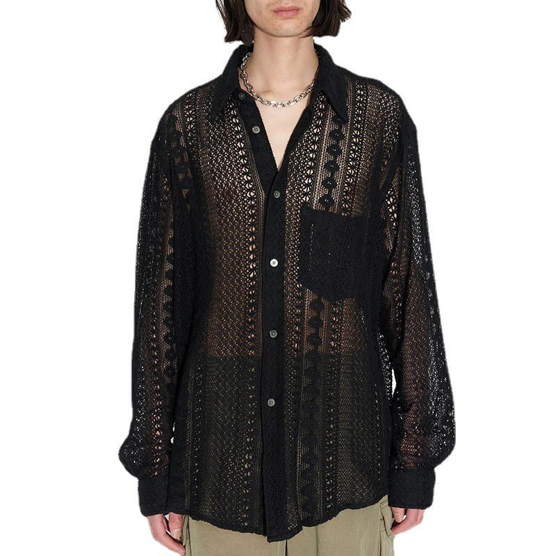 Men's Fashion Casual Draping Hollow Lace Shirt Top