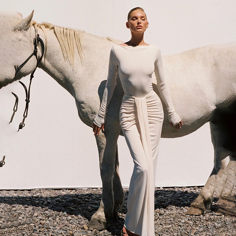 Robe taille haute à manches longues et couleur unie pour l'automne