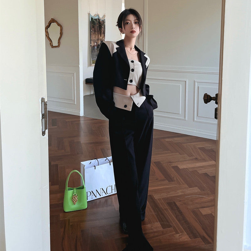 Women's Fashion Tube Top Contrast Color Long Sleeve Suit Wide Leg Pants Set