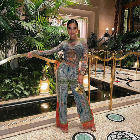 Printed Long-sleeved Top With High Waist And Slim Long Suit For Women