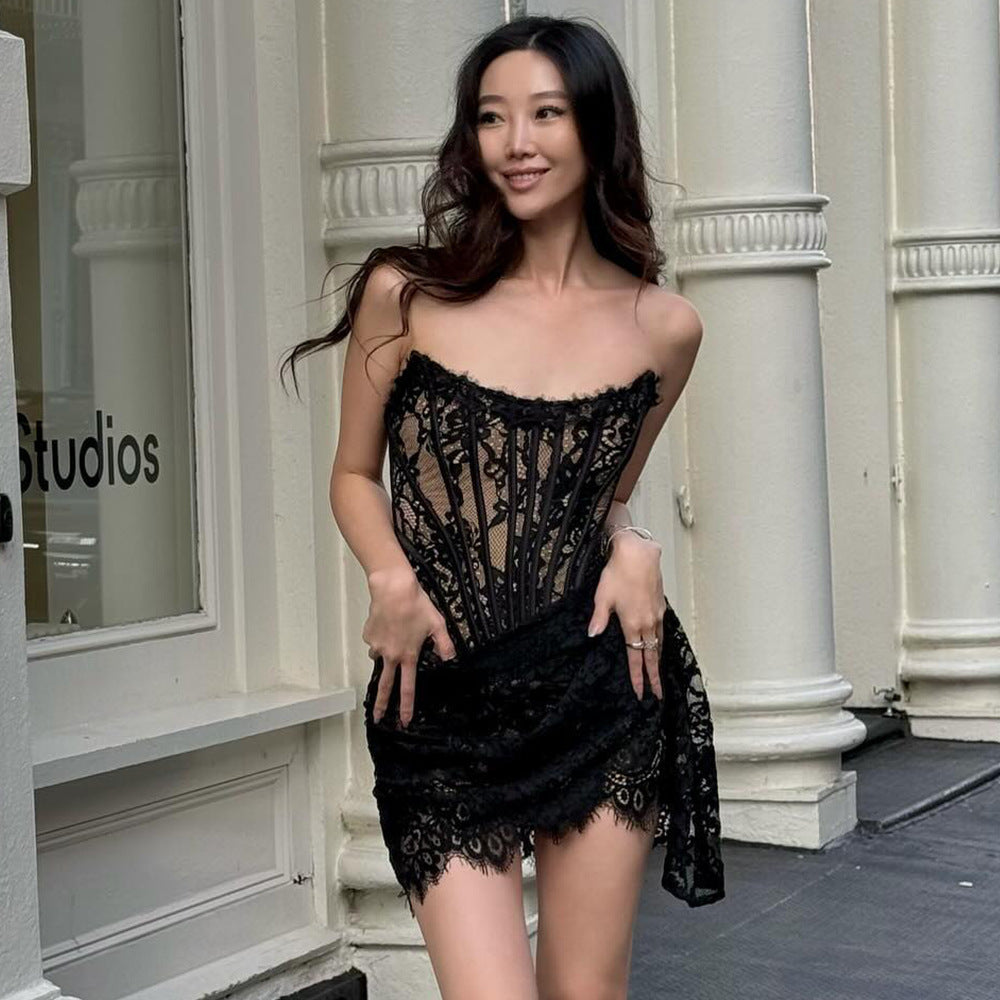 Lace See-through Stitching Waist Tube Top Dress