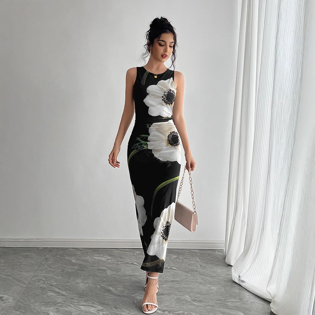 Robe longue sans manches à imprimé floral en maille noire