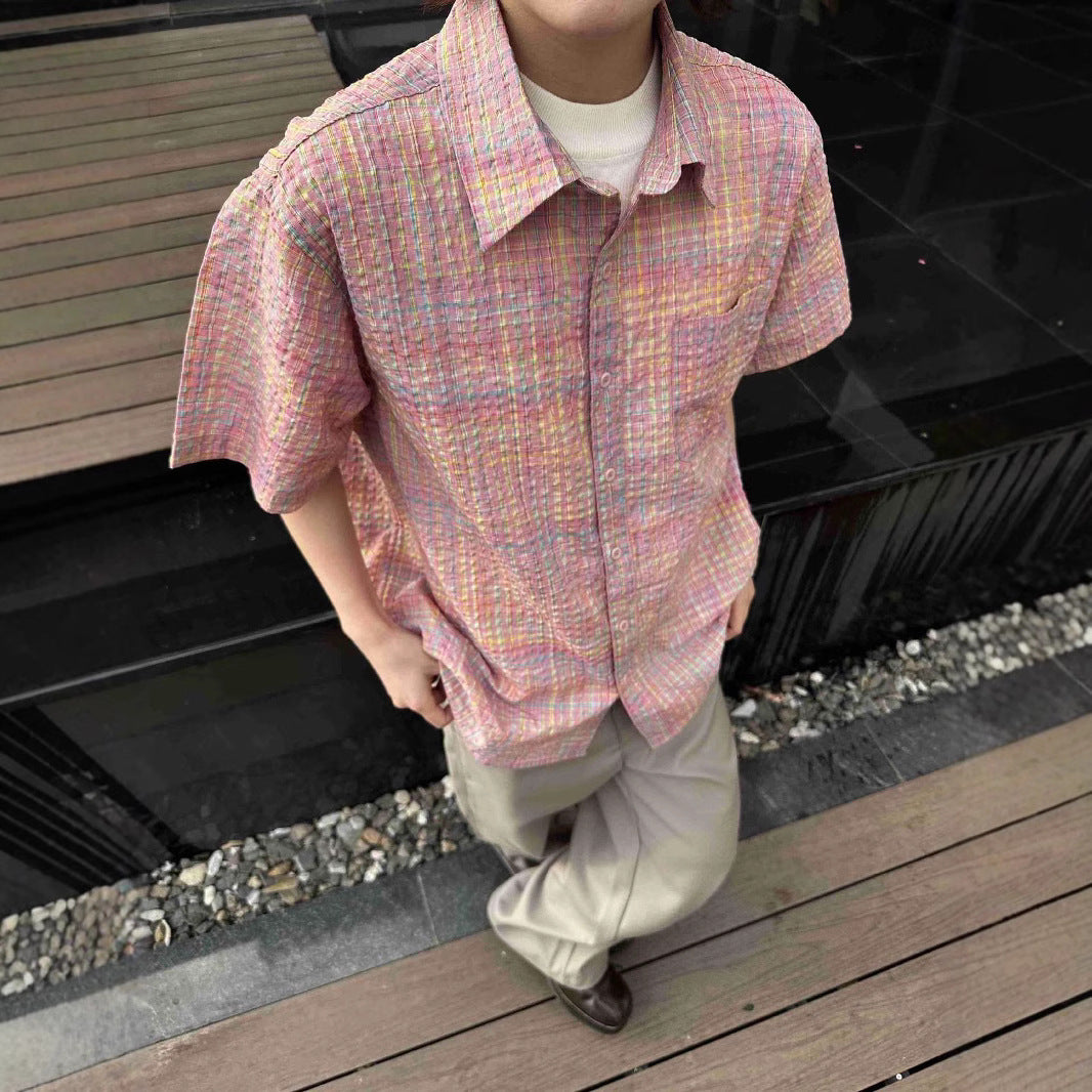 Plaid Seersucker Cross Yuke Loose Profile Short Sleeve Shirt Men's Summer