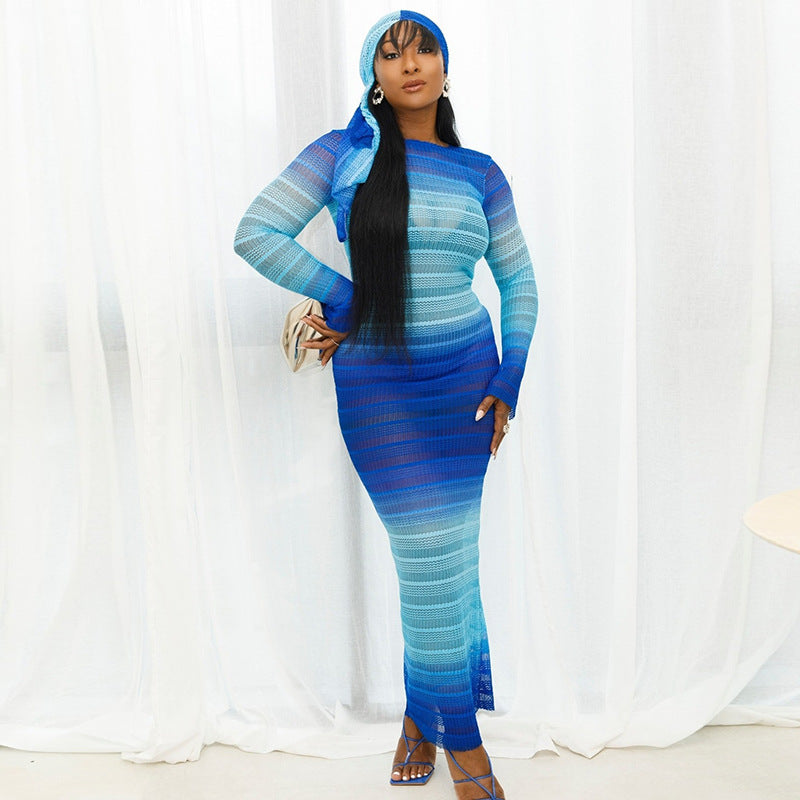 Fashion Gradient Printed Round Neck Long Sleeve High Waist Perspective Dress