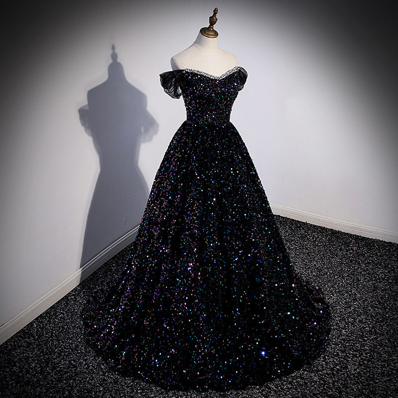 Robe de soirée à épaules dénudées et paillettes françaises pour hôte