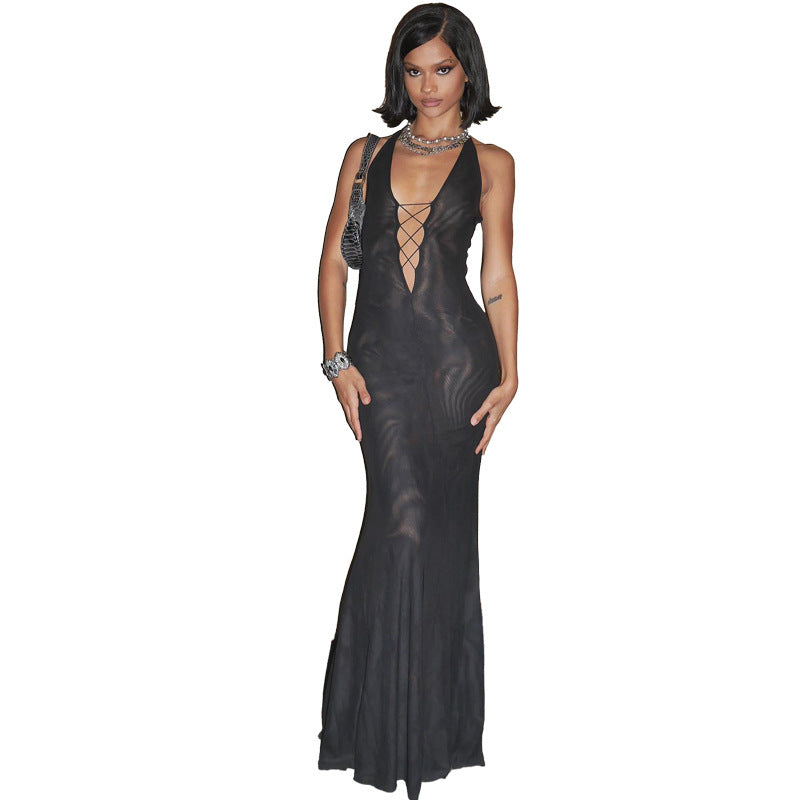 Robe tendance couleur unie, décolleté en V profond, dos nu, sexy, taille haute, sac banane