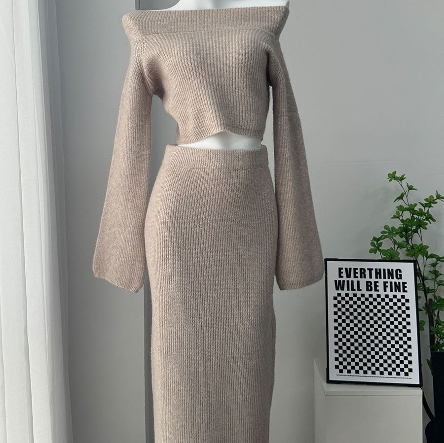 Ensemble pull épaules dénudées haut de gamme pour femme, sac et jupe taille basse