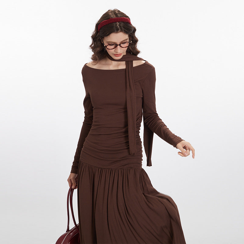 Off-shoulder Collar Dress Women's Spring And Autumn Fitted Waist Pleated Slimming And Long