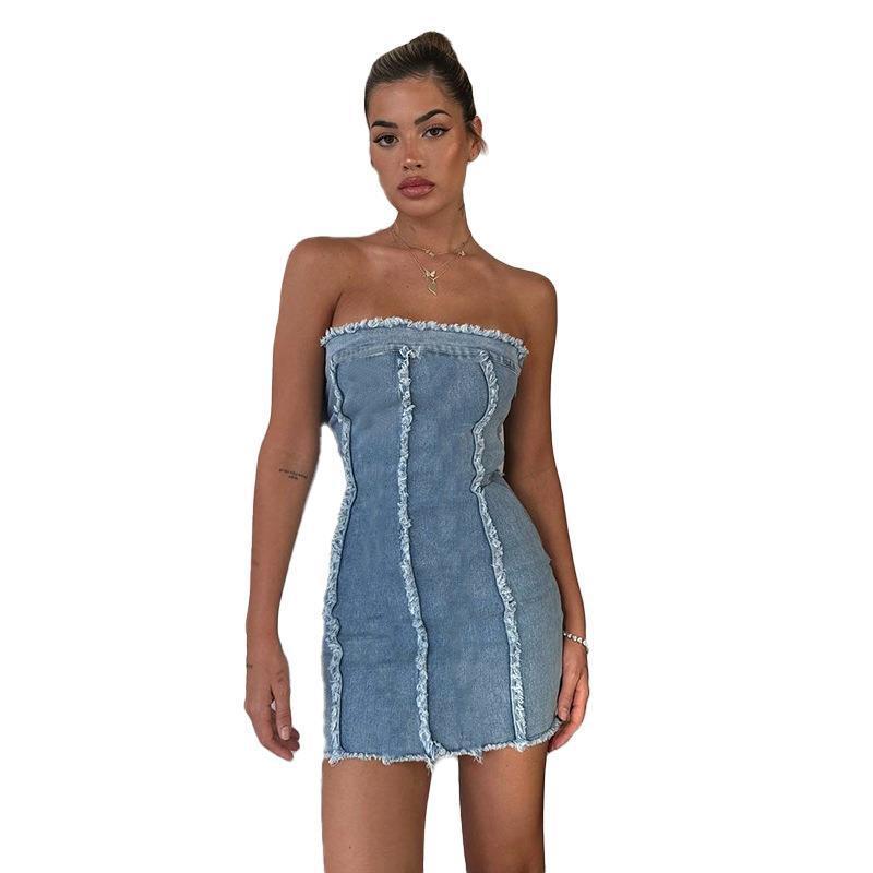 Ripped Wool Tops Denim Tube Top Wrapped Chest Sheath Dress