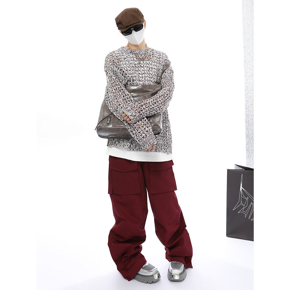 American Show Mixed Color Design Hollow Long Sleeve Sweater