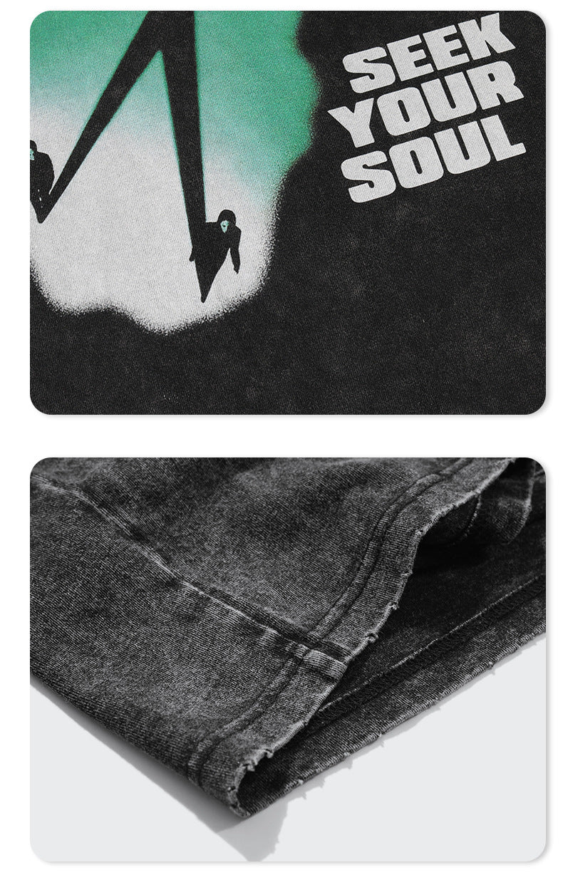 Loose T Shirt Men's European And American Dark Wash And Edging Short Sleeves