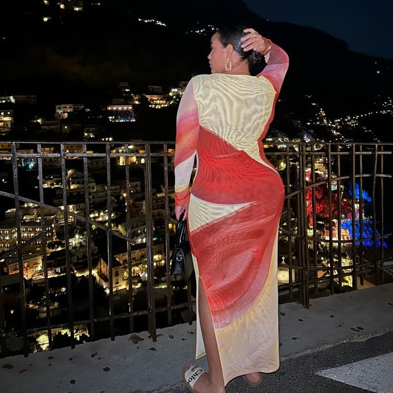 Robe longue ajustée à col rond et manches longues en maille à imprimé floral