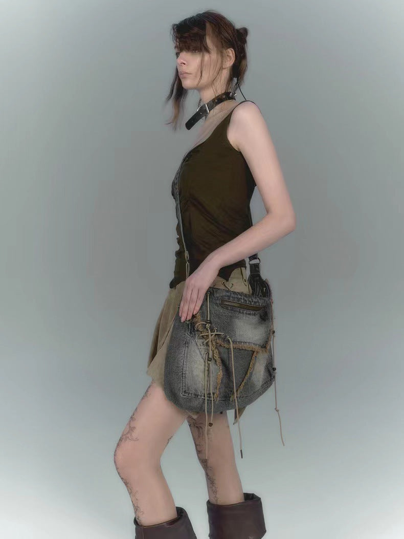 Vintage Denim Washed Brushed Tassel Messenger Bag